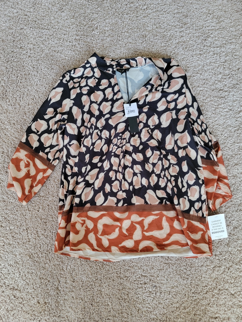 Womens Printed V-Neck Blouse in Black, Cream & Rust